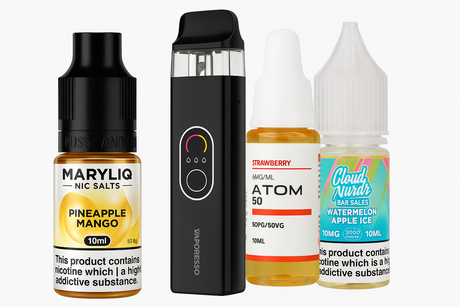 Nic salts vape refill juice bottles and Vaporesso vape pod kit featuring MaryLiq Pineapple Mango, Atom Strawberry, and Cloud Nurdz Watermelon Apple Ice — premium vape juice and refill pod liquids for refill vape kits in the UK.