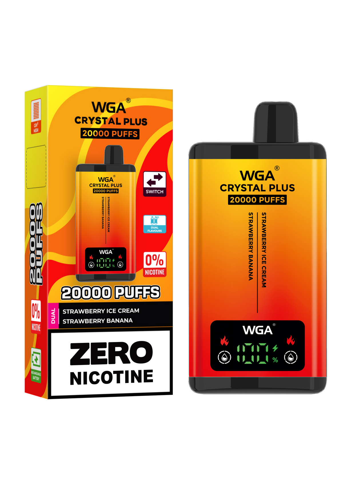 WGA Crystal Plus 20000 Strawberry Ice Cream / Strawberry Banana 0 Nicotine Disposable Vape